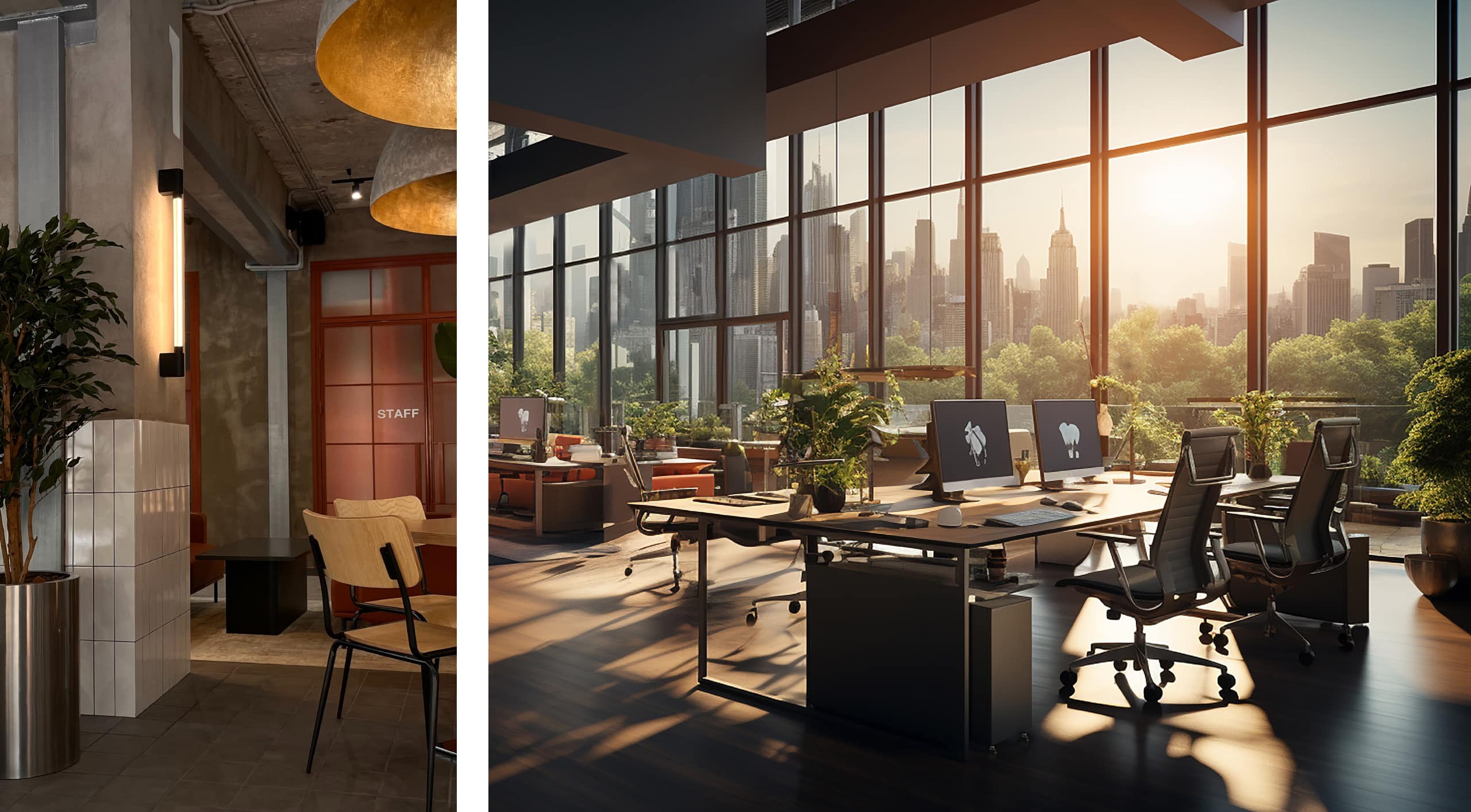 office interiors with no people. large open windows, warm lighting, open plan office